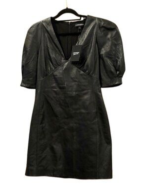 LAMARQUE~Matilda~BLACK LAMB LEATHER MINI DRESS PUFF SLEEVES V NECK NWT Sz MED